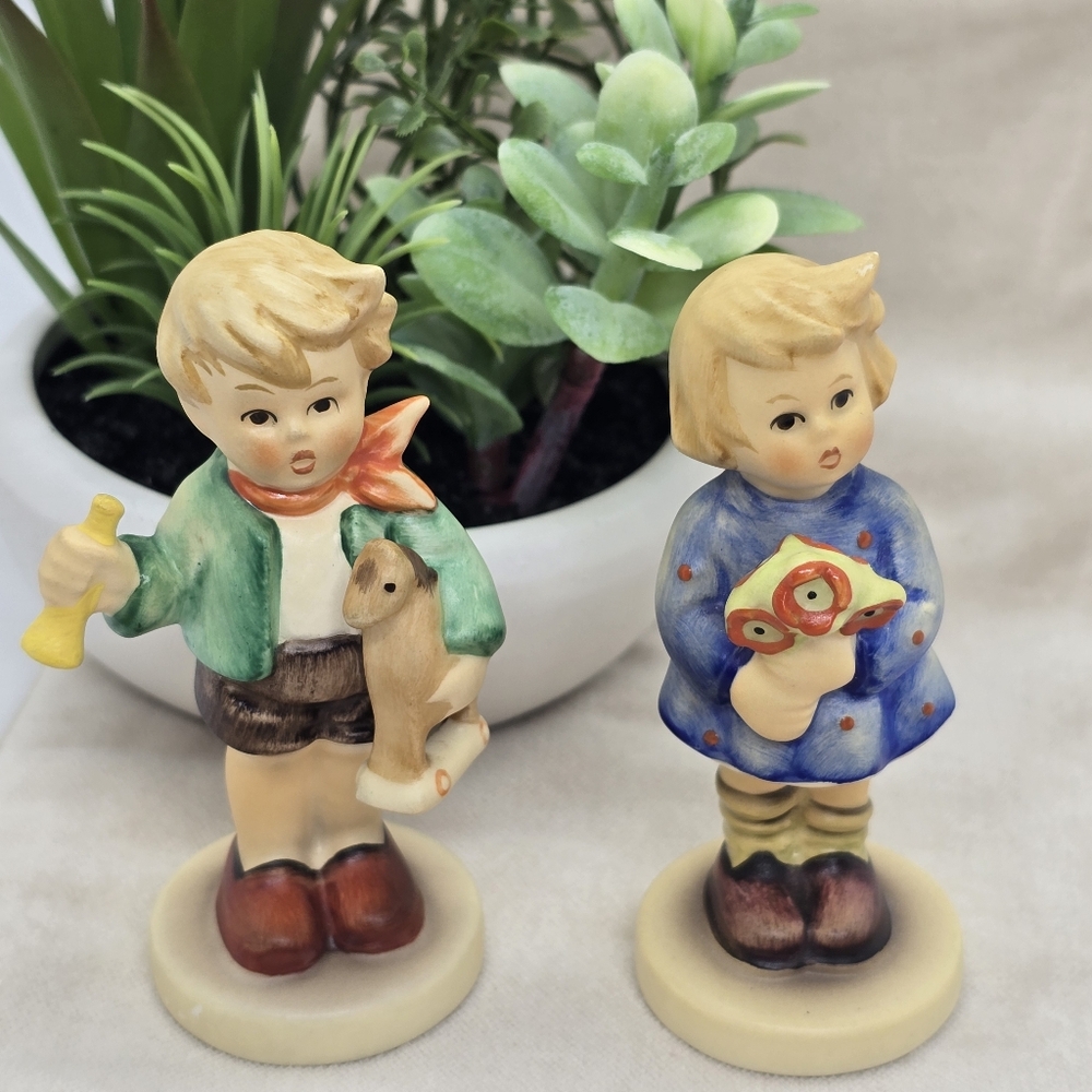 Vintage Hummel Boy with Toy Horse and Girl with flowers
